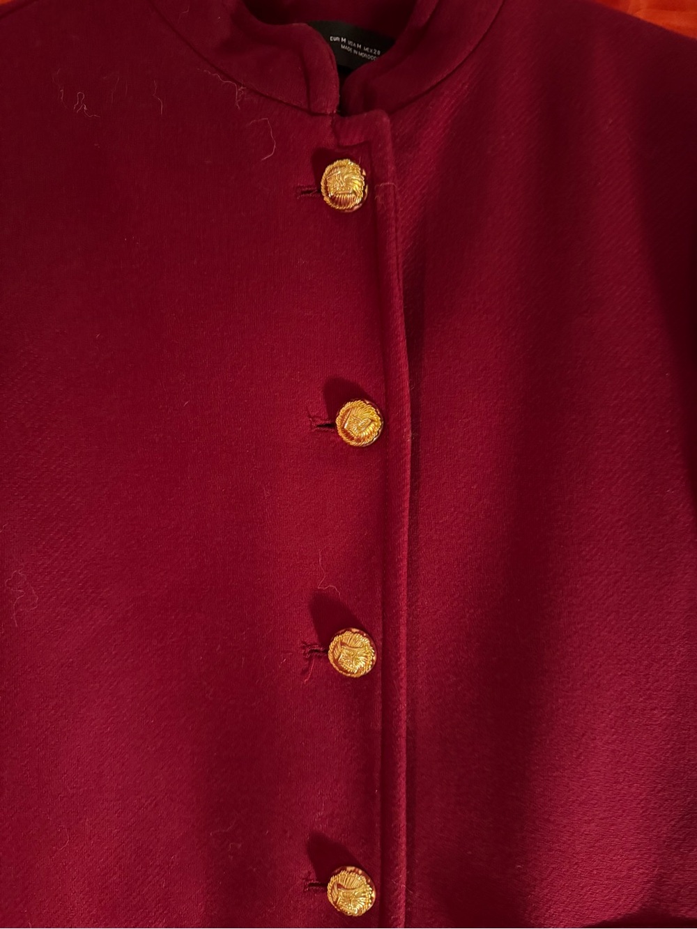 Zara Women's Burgundy Wool-Blend Stand Collar Coat with Gold Buttons NWOT